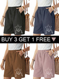 Buy 3 Get 1 Free, Total 4 Pairs. Comfortable and Breathable Shorts with Double Side Pockets, Unique Patterns, Women's Mid-Thigh Shorts, Solid Color Elastic Waistband Casual Pants - Black + Navy Blue + Brown + Pink