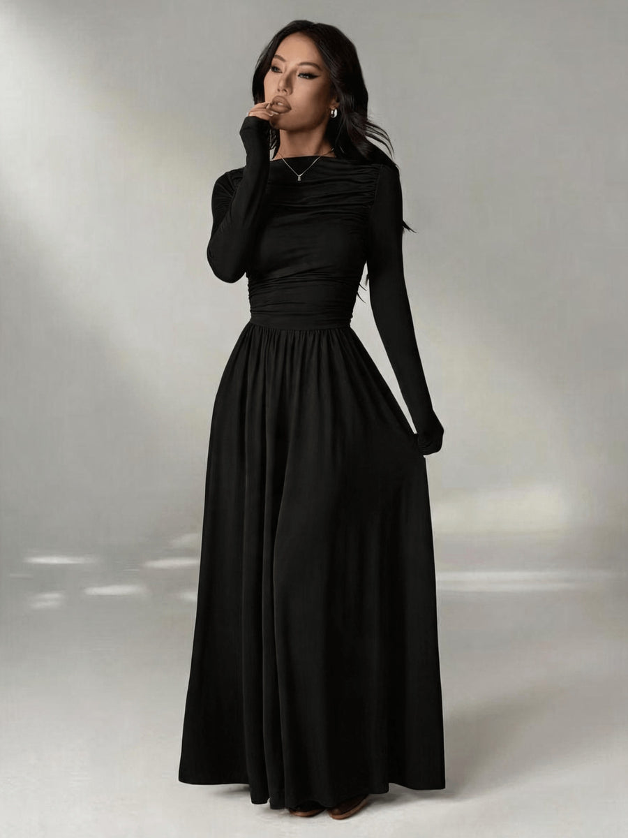 Women'S Solid Color Slim Long Sleeve Dress, Solid Color Dress, Elegant Women'S Thanksgiving Outfit, Graceful Party Gown, Wedding Party Dress, Fashion Evening Dress, Korean Style, Autumn Winter, Women'S Elegant Dress - Black