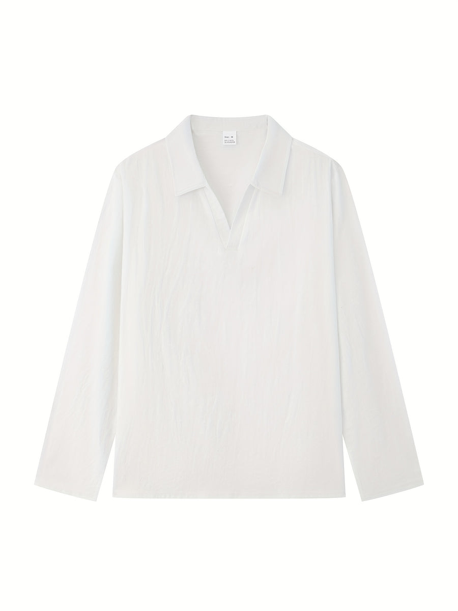Men's Casual Shirt Outdoor Wear Easy And Comfortable V-neck Design Lapel Autumn Long-sleeved Commuting Men's Top - White