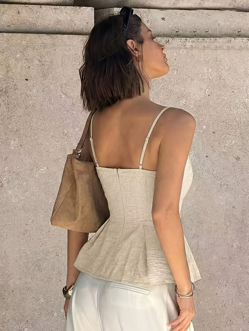 Lace-trimmed Solid Color Spaghetti Strap Top - Apricot