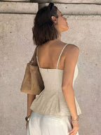 Lace-trimmed Solid Color Spaghetti Strap Top - Apricot