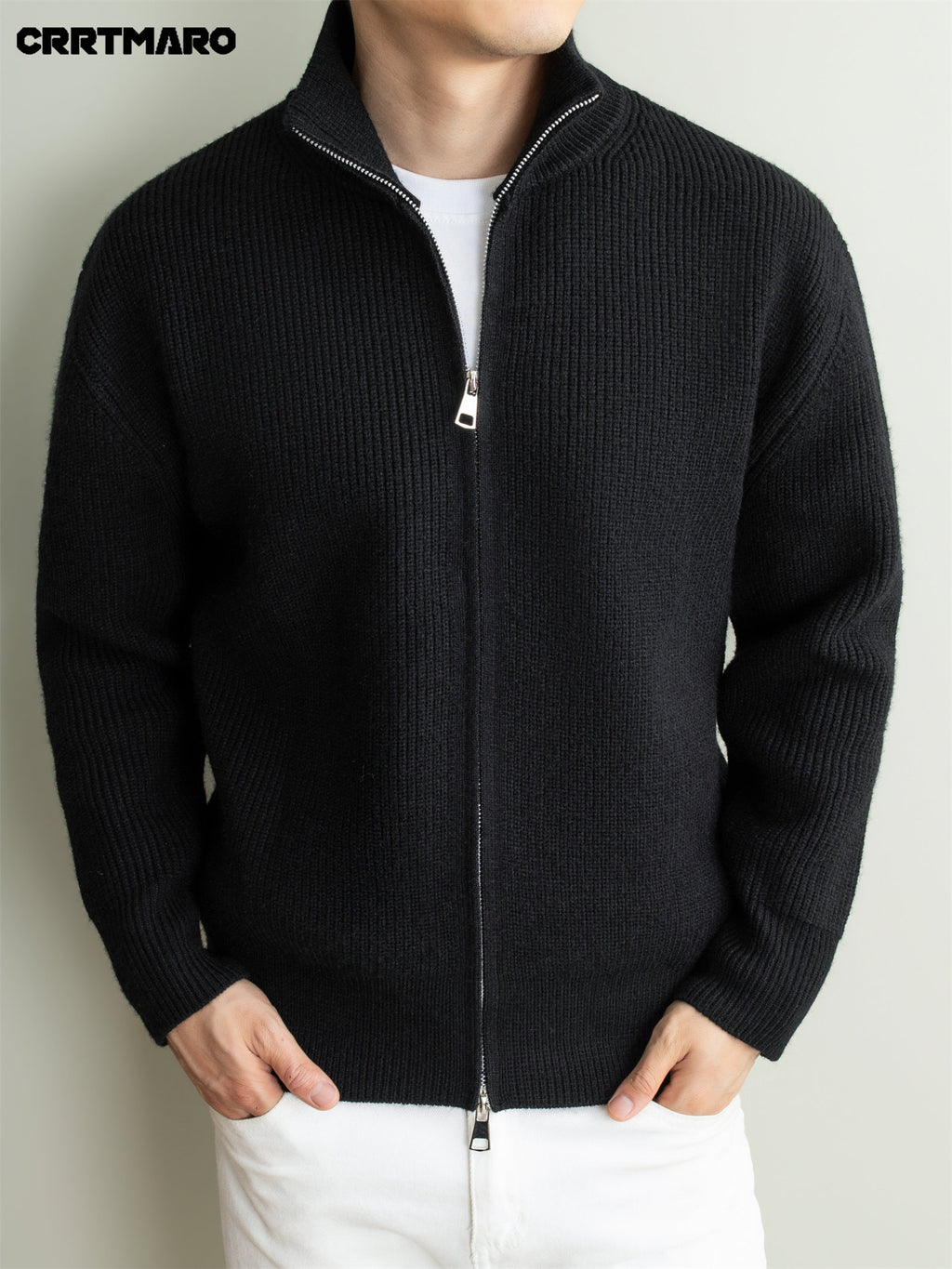Men's Heavyweight Thick Striped Zip Neck Stand Collar Knit Cardigan, Warm Casual Layering Top for Fall and Winter - Black