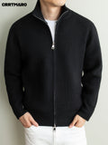 Men's Heavyweight Thick Striped Zip Neck Stand Collar Knit Cardigan, Warm Casual Layering Top for Fall and Winter - Black
