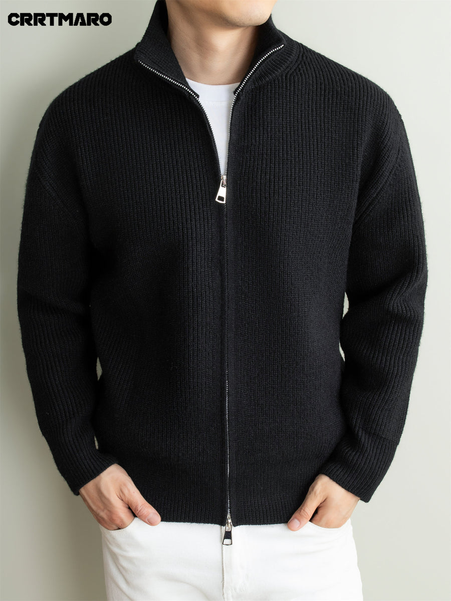 Men's Heavyweight Thick Striped Zip Neck Stand Collar Knit Cardigan, Warm Casual Layering Top for Fall and Winter - Black