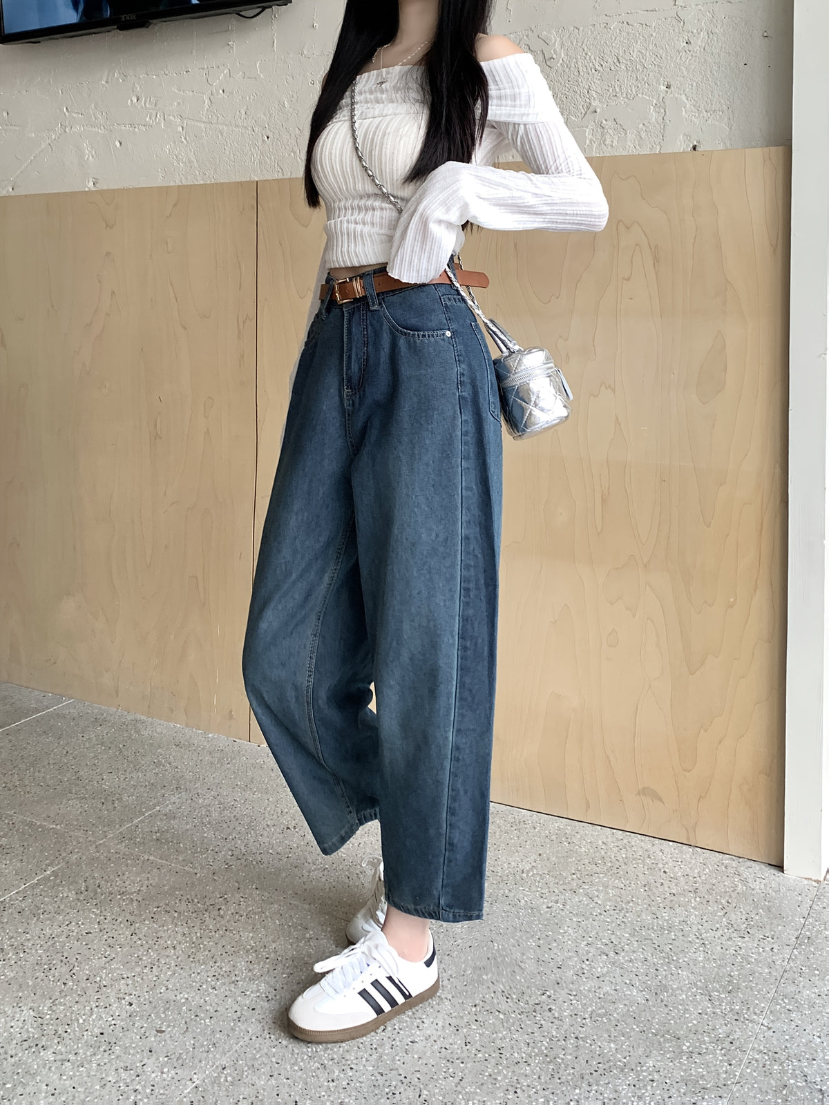 1pc Western New Women'S Fashion Comfortable - Design Sense, Loose All-Match/Daily Commute Harem Dad Pants Carrot Jeans, Elastic Waist Ankle Pants, Belt Not Included - Medium Blue