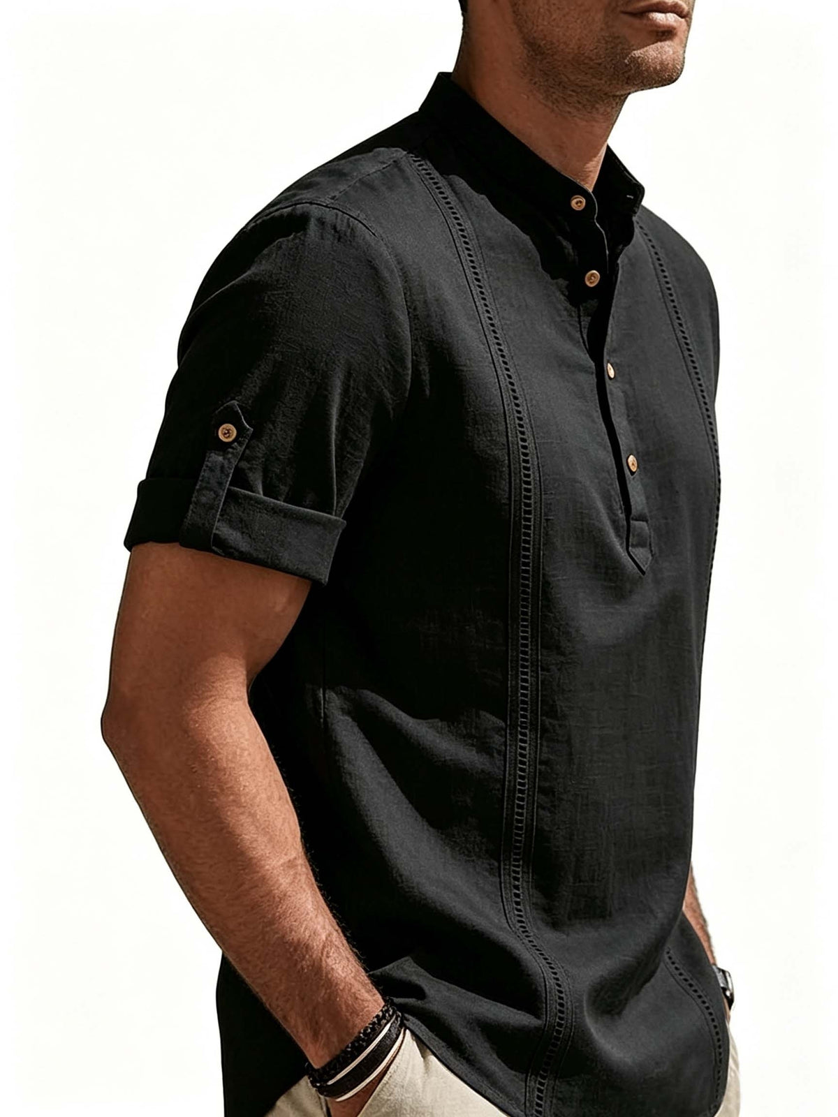 Men'S Short Sleeve Shirt, Stand Collar Half-Button Cuff with Roll-Up Sleeves, Business Casual Breathable Top - Black