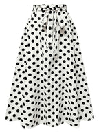 Hot Women's Trendy Fashion Color Block Casual Printed Waist-Tie Bow Elegant Versatile Commuter Style A-Line Skirt - White