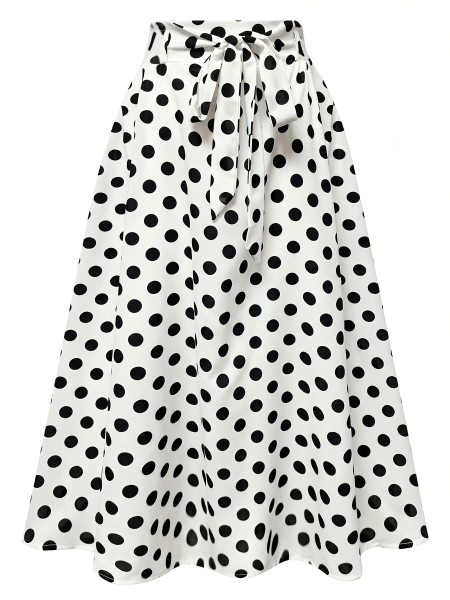 Hot Women's Trendy Fashion Color Block Casual Printed Waist-Tie Bow Elegant Versatile Commuter Style A-Line Skirt - White
