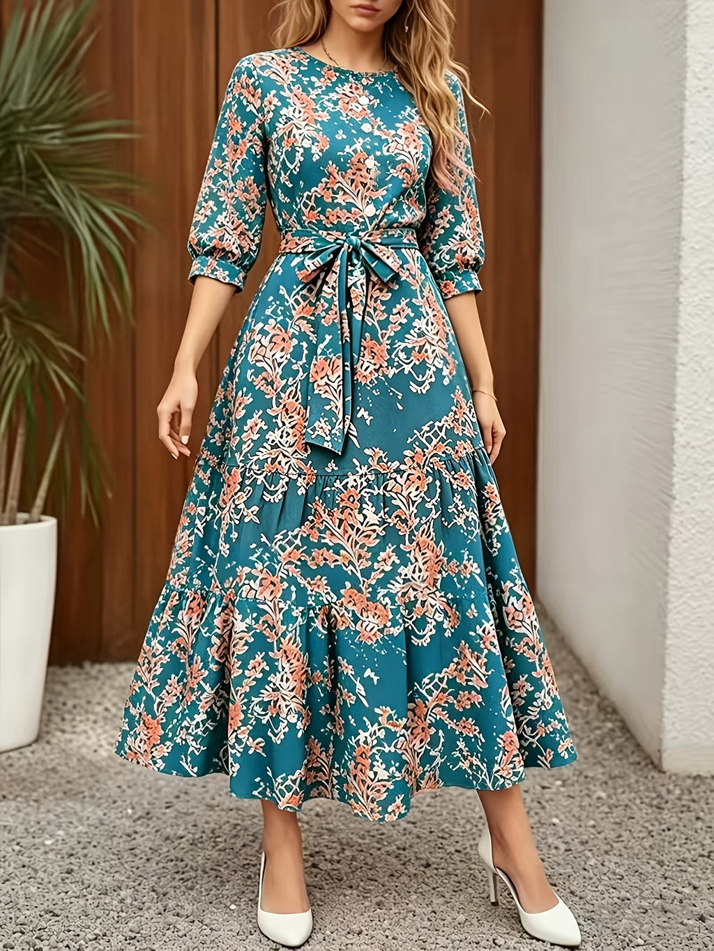 Elegant Casual Daily Office Street Round Neck Three-Quarter Sleeve Spring Summer Dress, Summer Dress - Dark Cyan