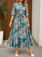 Elegant Casual Daily Office Street Round Neck Three-Quarter Sleeve Spring Summer Dress, Summer Dress - Dark Cyan