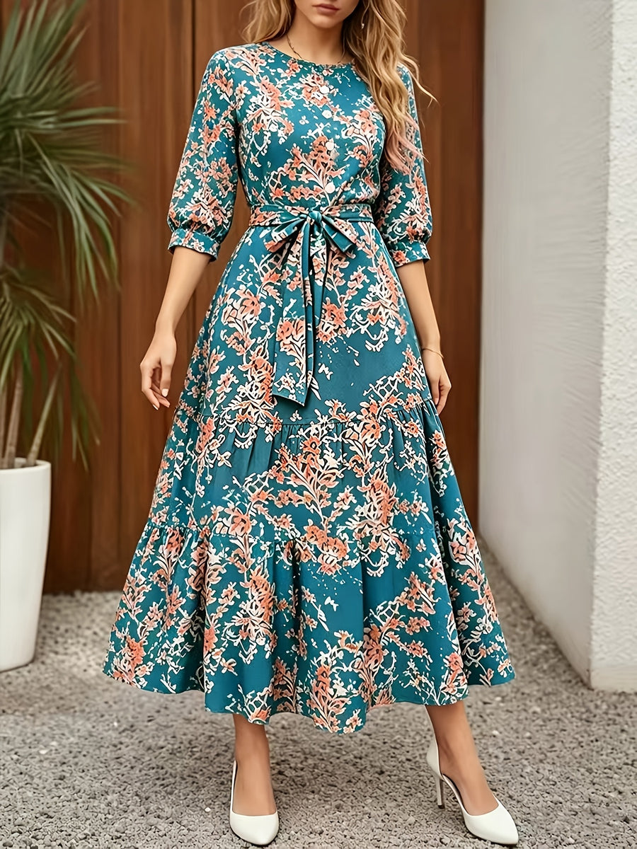 Elegant Casual Daily Office Street Round Neck Three-Quarter Sleeve Spring Summer Dress, Summer Dress - Dark Cyan