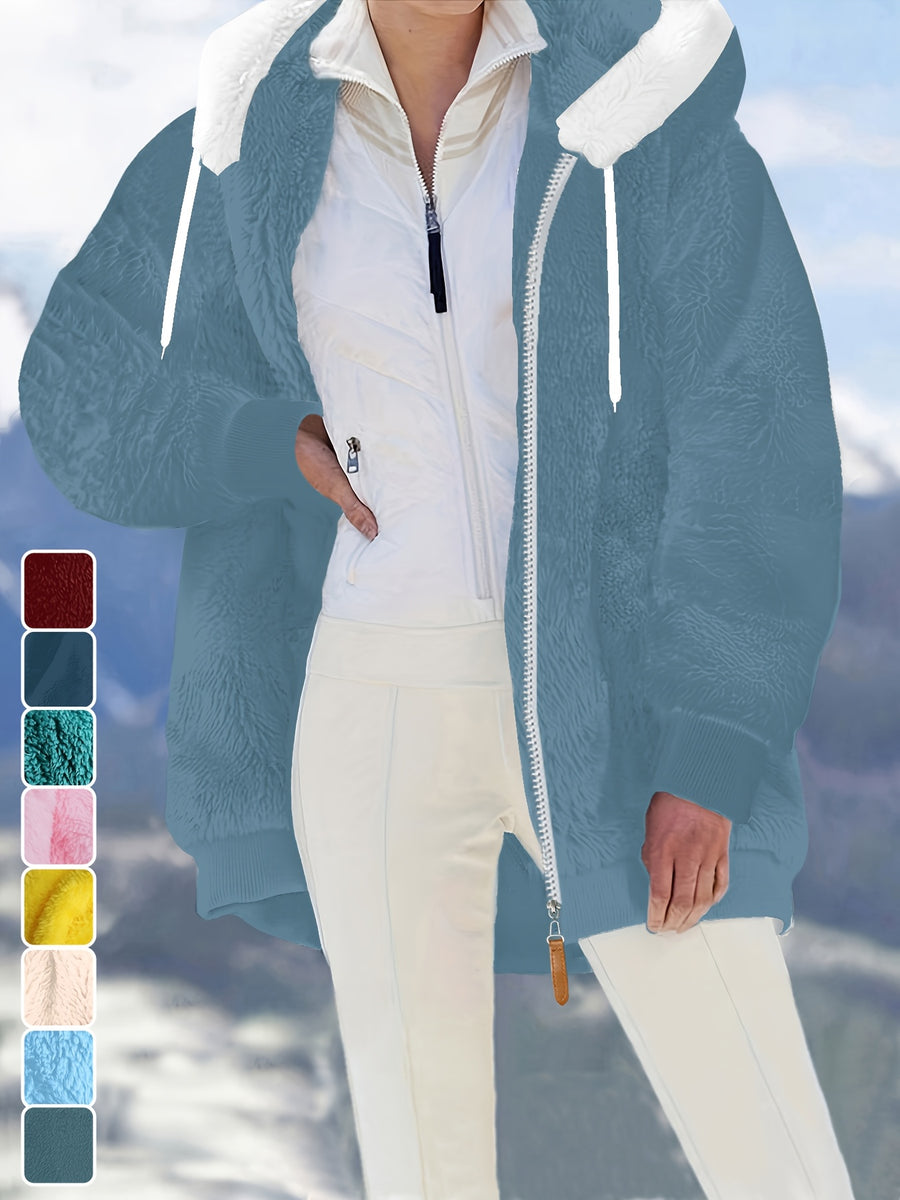 Ladies Autumn Winter Relaxed Cut Plush Hooded Outercoat, Contrast Color Trim Zip Front Warm Lined Jacket, Ribbed Cuff Windproof Casual Outerwear for Daily Commuting and Cold Season Everyday Styling - Blue