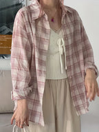 Women's Casual Plaid Shirt - Korean-Inspired Oversized Long Sleeve Button-Up with Checkered Pattern, Lightweight Breathable Fabric for Spring/Summer, Machine Washable Loose Fit Blouse, Summer Outfit, Soft Texture, Buttondown Top, Adults - Pink Color