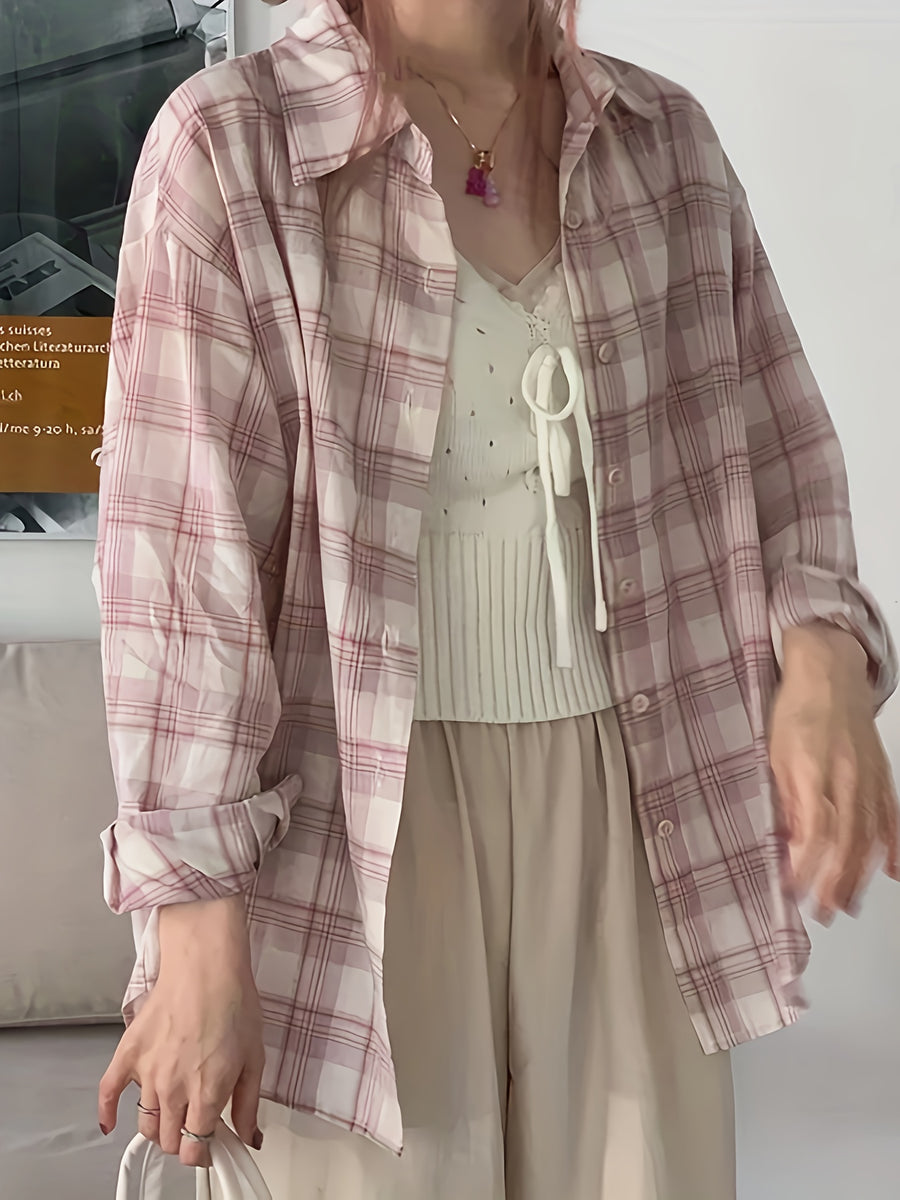 Women's Casual Plaid Shirt - Korean-Inspired Oversized Long Sleeve Button-Up with Checkered Pattern, Lightweight Breathable Fabric for Spring/Summer, Machine Washable Loose Fit Blouse, Summer Outfit, Soft Texture, Buttondown Top, Adults - Pink Color