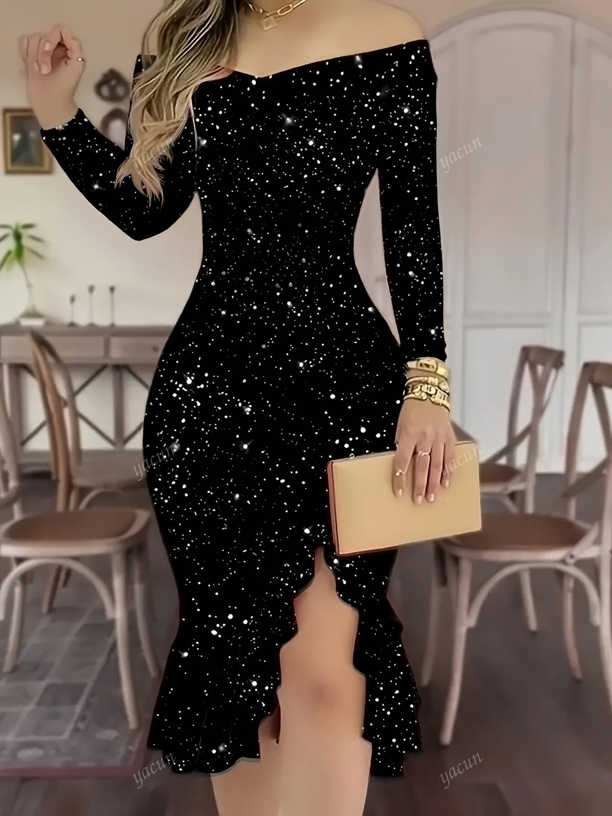 Fashion Elegant Off-Shoulder Long Sleeve Solid Color Thigh-High Slit Dress with Ruffled Hem for Glamorous Parties - Black