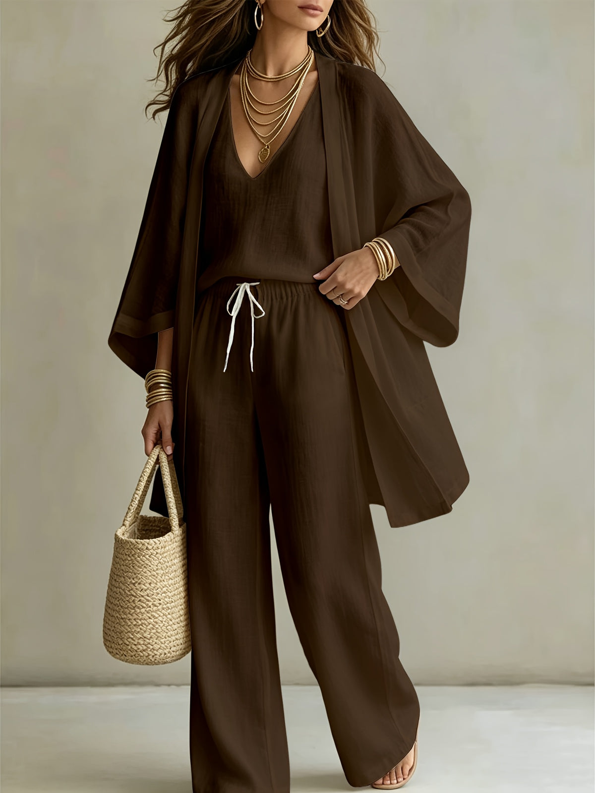 3pcs Set, Women's Spring/summer Vacation-style Loose Spaghetti Strap Tank Top with Cardigan and Loose Wide-leg Pants Casual Set, Elegant and Fashionable, Comfortable and Casual, Suitable for Commuting Wear - Coffee Color