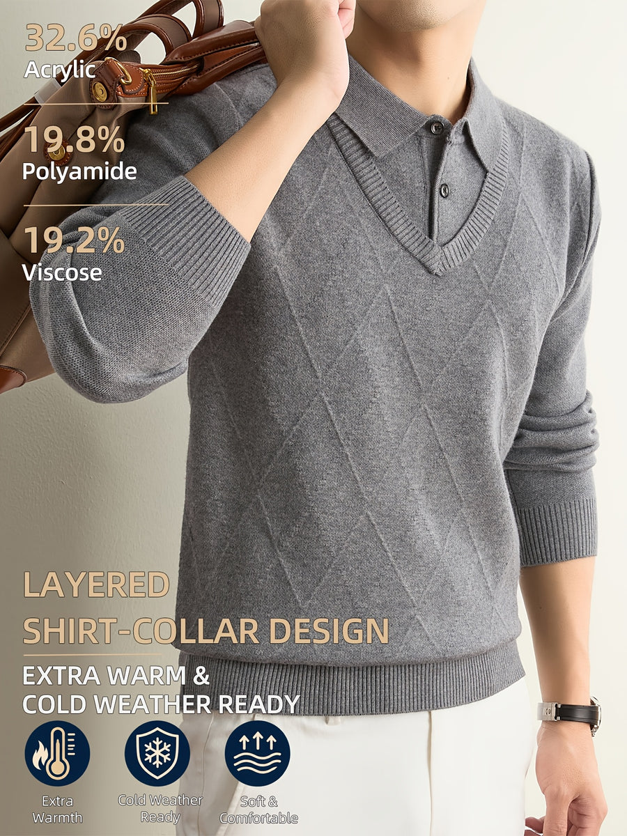 Men's Grey Polo Sweater, Faux 2pcs Shirt-Collar Design, V-Neck & Subtle Diamond Knit Pattern, Classic Refined Style, Warm Autumn Winter Pullover for Casual Wear, Golf & Outdoor Activities - Light Grey