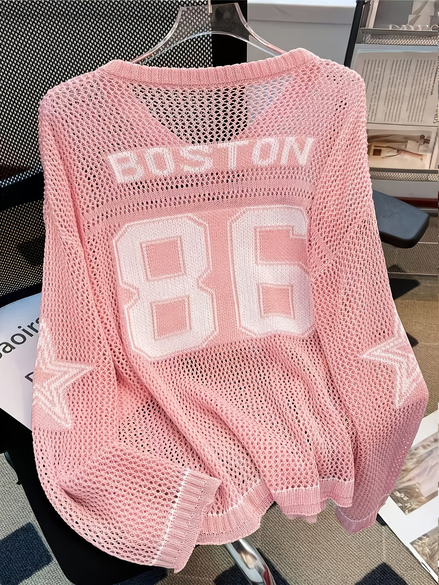 New Fashion Women'S Casual Trendy Cool Style Solid Color Number Star Mesh Shirt Daily Versatile Shopping Outfit Women'S Spring And Summer V-Neck Long-Sleeved Loose Long-Sleeved Pullover - Pink Color
