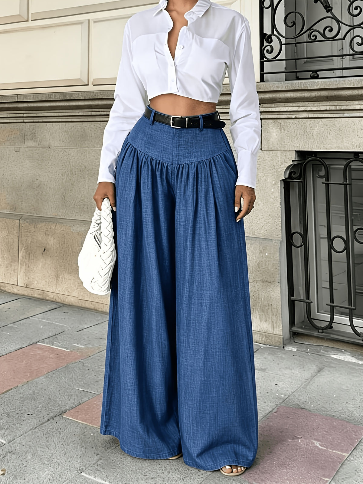 Elegant Flowy Wide Leg Pants - Textured Trousers Suitable for Work & Casual Wear, Solid Color Non-Stretch Wide-Leg Trousers, Machine Washable Year-Round -Compatible for Outfits (No Transparency) - Peacock Blue