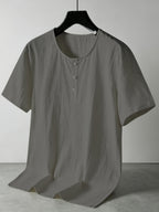Men'S Linen Blend Henley Short Sleeve T-Shirt V-Neck Button Casual Breathable Lightweight Summer Beach Top - Dark Gray