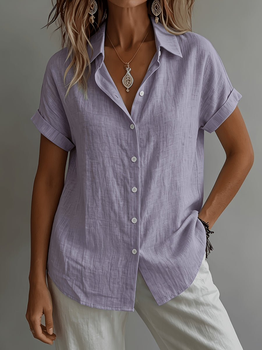 Women's Relaxed Holiday Style Micro-Wrinkle Textured Lapel Short-Sleeve Shirt, Loose Open Front Single-Breasted Drop Shoulder Fit, Casual Rolled Hem Short Sleeve V-Neck Open-Wear Design, Natural Breathable Dry Skin-Friendly Textured Fabric - Purple