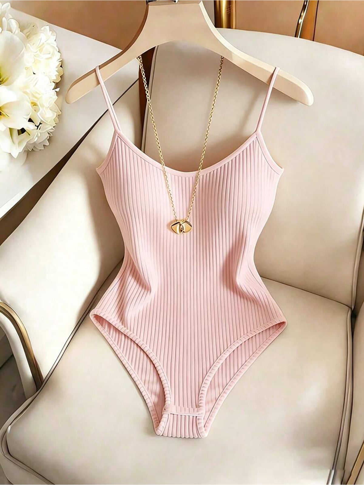 4pcs Women's Ribbed Brushed Bodysuit with Adjustable Straps - Black+Red+Pink+White