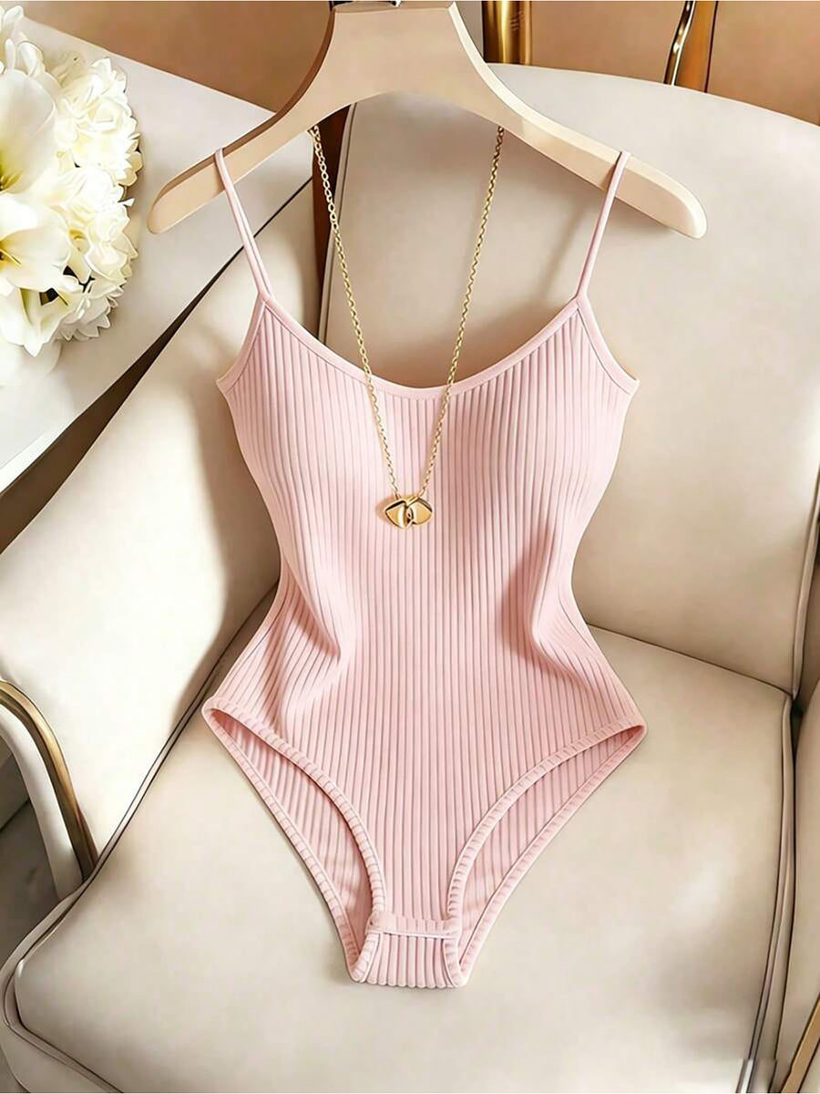 4pcs Women's Ribbed Brushed Bodysuit with Adjustable Straps - Black+Red+Pink+White