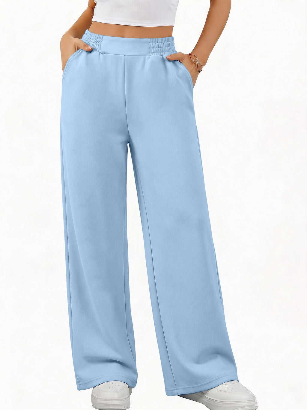 Women's High-Waist Wide-Leg Pants - Loose-Fit Trousers with Pockets, Straight-Leg Sweatpants Suitable for Spring Summer Fall, Casual Y Casual Attire, Machine Washable Wide-Leg for Workouts & Daily Outfits - Light Blue
