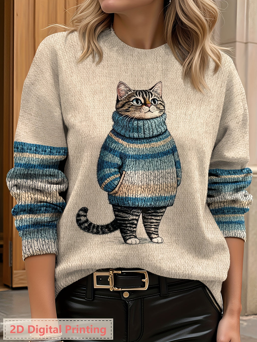 Plus Size - Plus Size - Plus Size Women'S for All Over Printed Long Sleeve Universal Crew Neck Lightweight Sweater, Trendy Wear, Cat Pattern, Perfect for Casual Elegance Style Outfits - Suitable for All Seasons - Multicolor