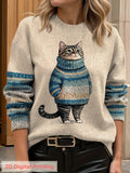 Plus Size - Plus Size - Plus Size Women'S for All Over Printed Long Sleeve Universal Crew Neck Lightweight Sweater, Trendy Wear, Cat Pattern, Perfect for Casual Elegance Style Outfits - Suitable for All Seasons - Multicolor