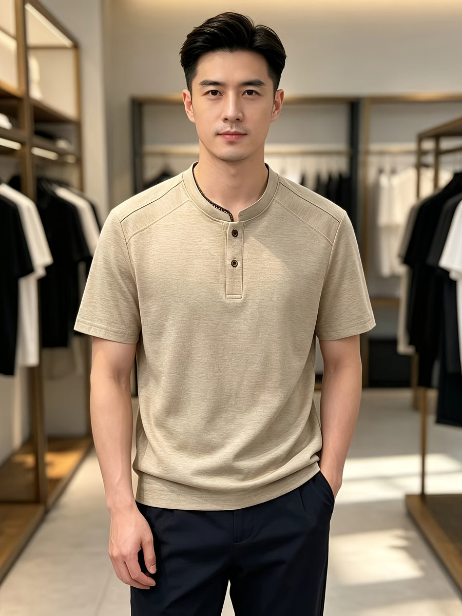 Men'S Solid Black Split Shoulder Mandarin Henley Collar Short Sleeve Top, Summer Office Daily Commute Golf City Street Outfit, Stretch Wrinkle Resistant Cooling Breathable 2-Button Tee, Middle-Aged Gentleman Business Casual Outfit, Minimalist Stand - Khaki