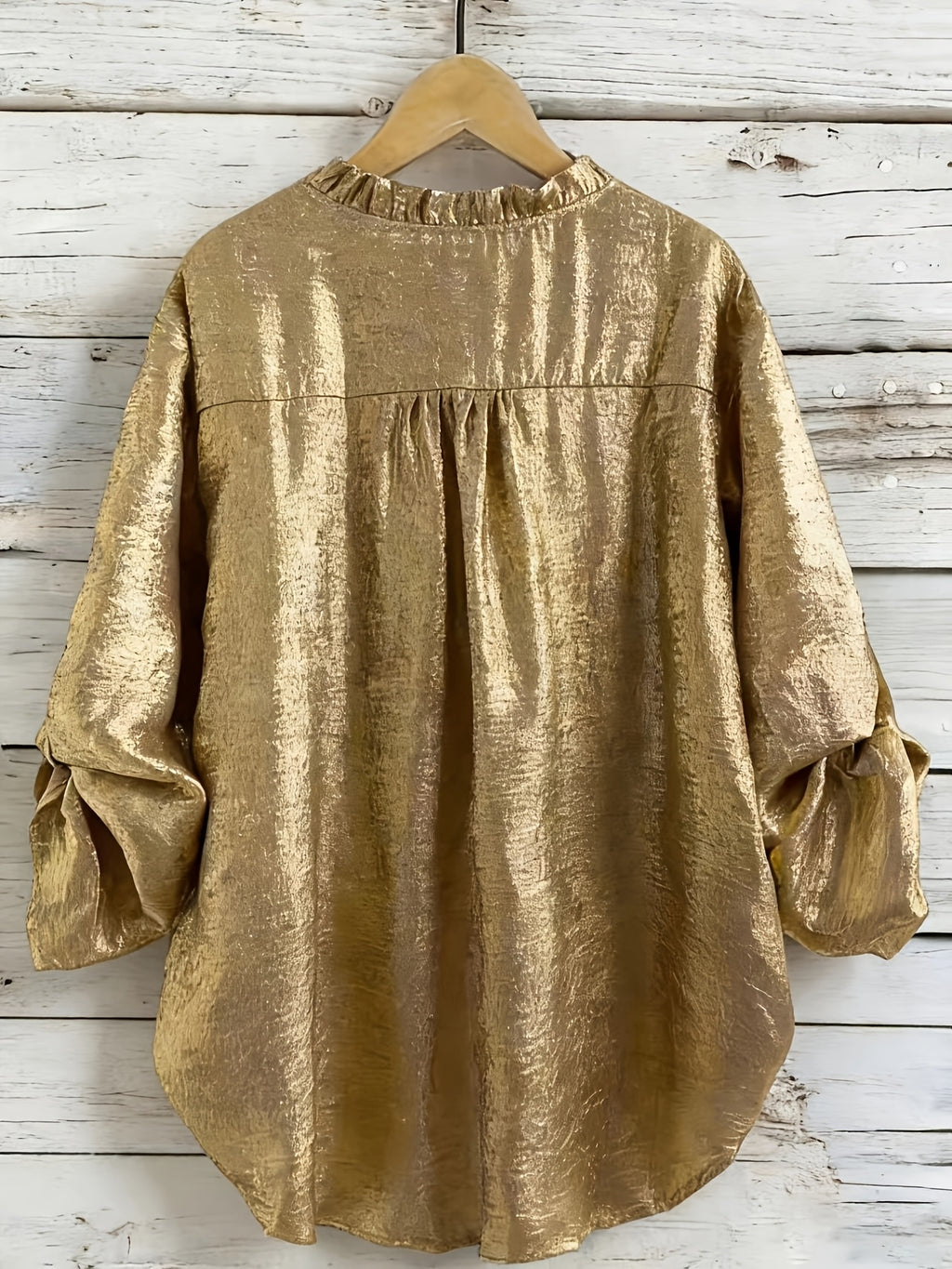 Adjustable Cuffs Women'S Blouse Top, Necklace Not Included, Elegant Shirt, Gold-Foiled Fabric, Women'S Shirt, Women'S Blouse, Long Sleeve Shirt - Golden