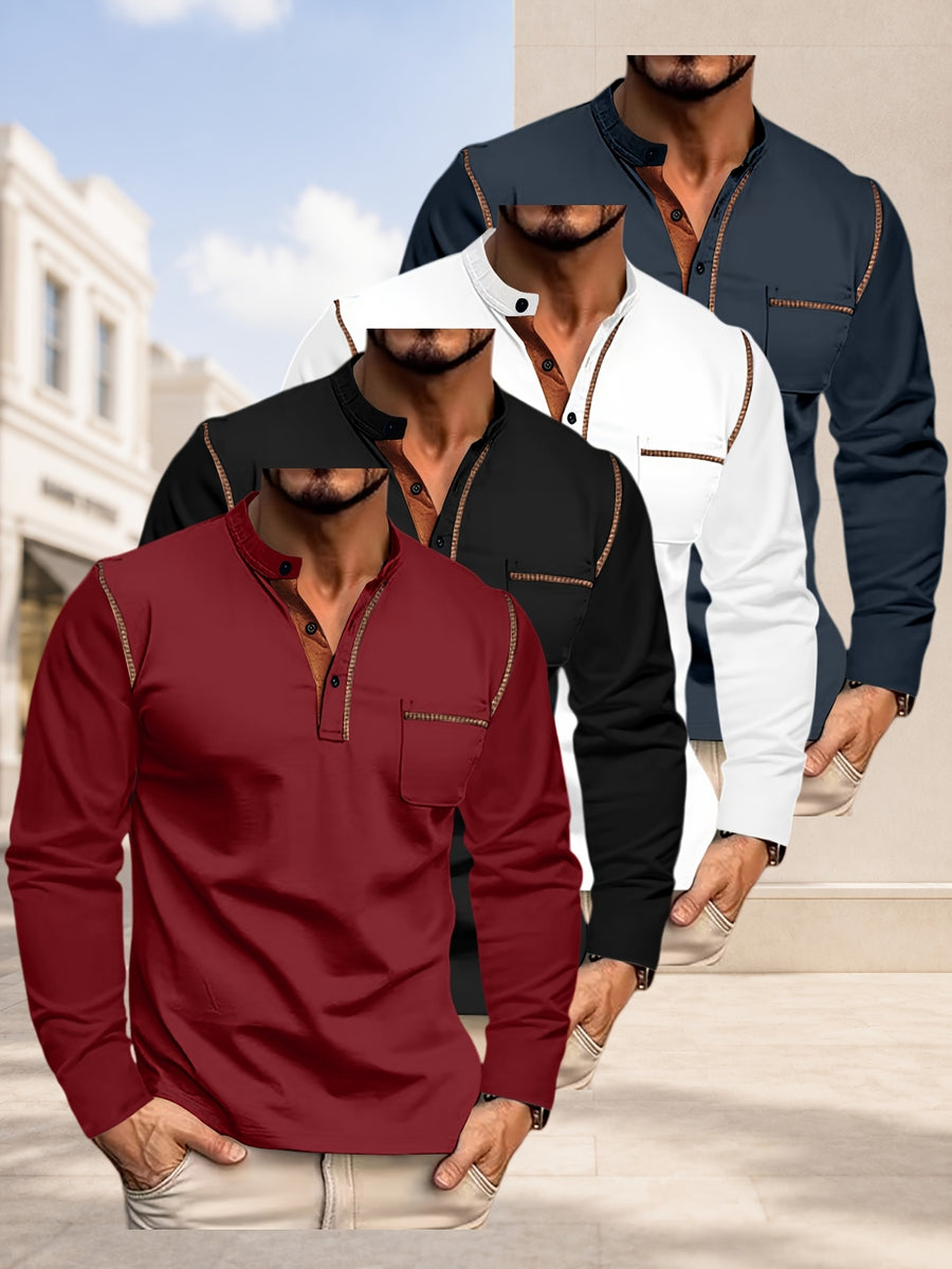 [JOSHIMAI OBM] 4pcs Men'S Long Sleeve Henley Shirts, Soft Comfortable Skin-Friendly Fabric, Lightweight Breathable Easy Care Stand Collar 3-Button Placket with Chest Pocket Detail, Solid Color Casual Top, Versatile for Office Commute - Wine Red + Black + White + Navy Blue