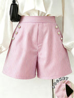 Women's Striped Button Pocket Shorts - Non-Stretch Casual Commuter Shorts with Button Closure Pockets, Striped Suitable for Spring Summer Fall, Machine Washable Shorts for Office, Casual Attire & Layering (No Elastic) - Pink Color