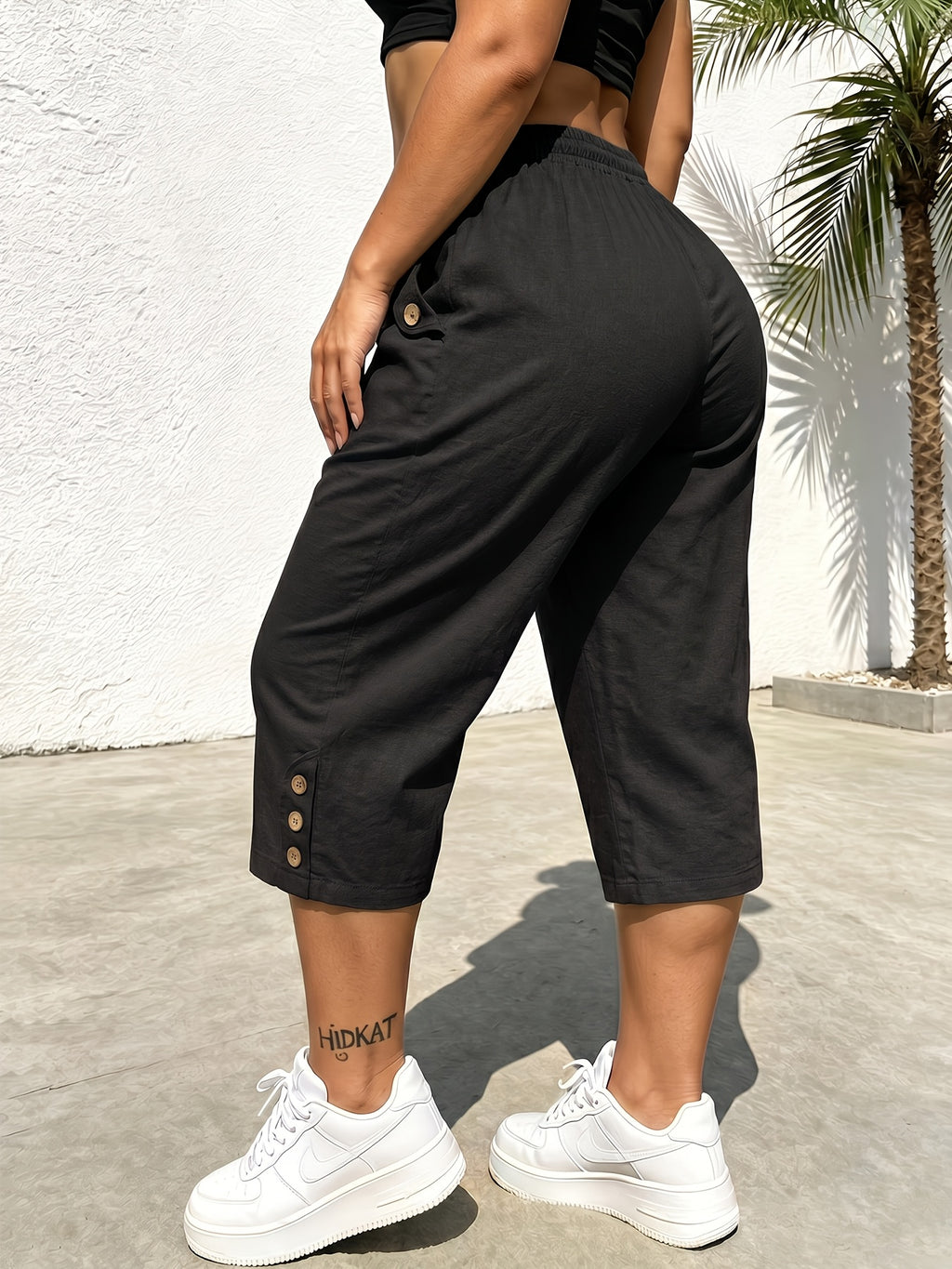 Summer Women's Cropped Cargo Pants with Stylish Pocket Design, Drawstring Elastic Waist Casual Long Pants, Suitable for Outdoor and Daily Wear - Black