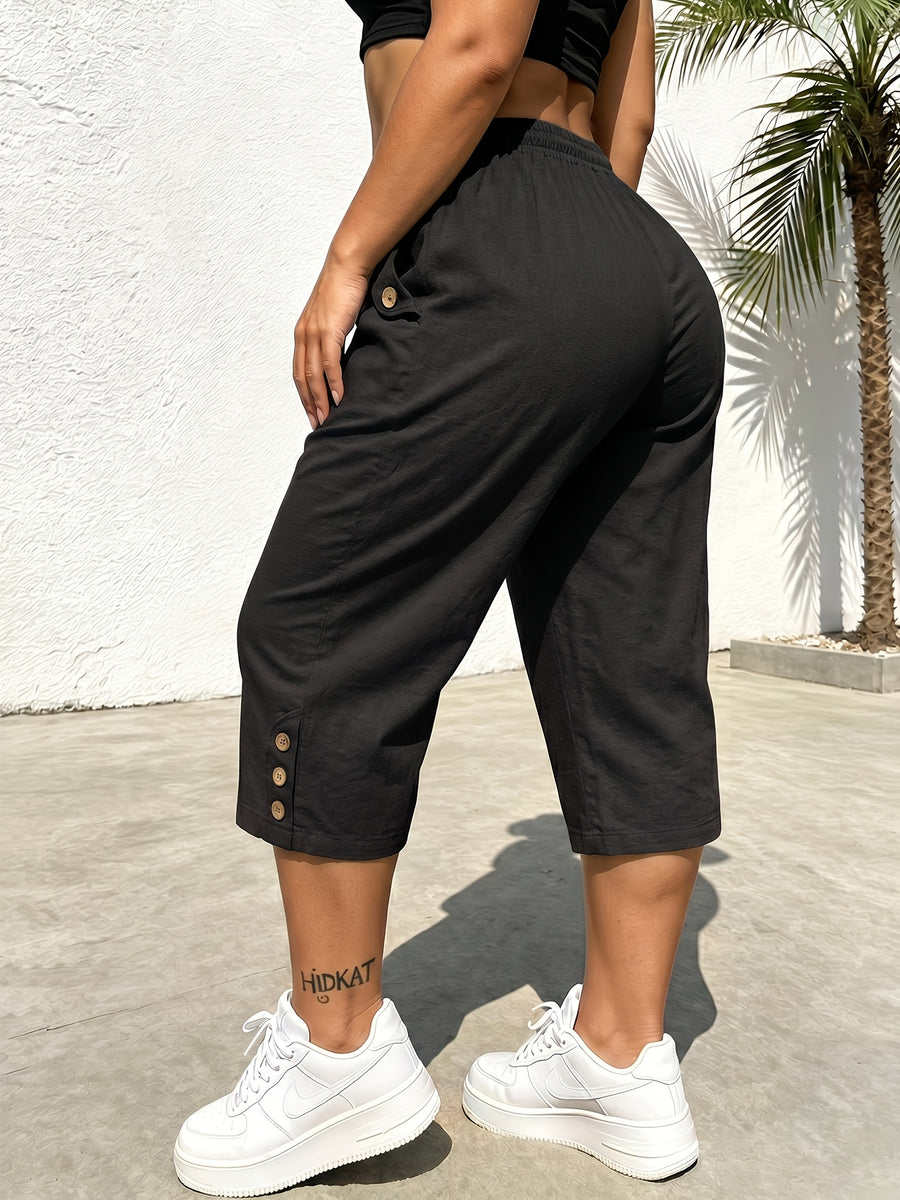 Summer Women's Cropped Cargo Pants with Stylish Pocket Design, Drawstring Elastic Waist Casual Long Pants, Suitable for Outdoor and Daily Wear - Black