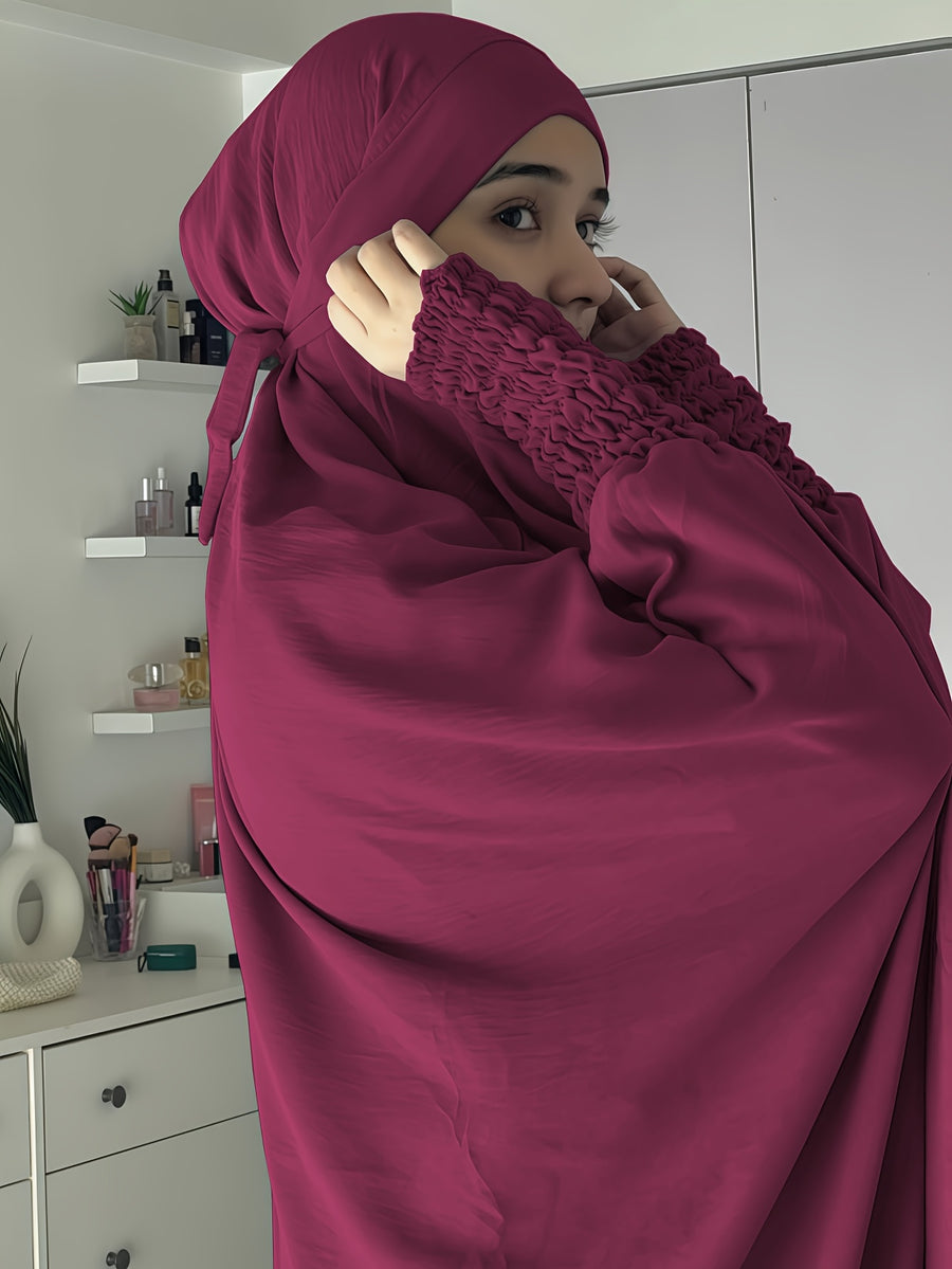Khimar and Abaya Jilbab Dress, Loose Robe with Elastic Sleeves, High Privacy, Premium Jilbab for Muslim Women, Prayer Headscarf, Islamic Clothing, Khimar - Burgundy