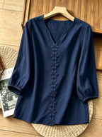 French-Style Gentle Textured Shirt with V-Neck, Lace Floral Design, Lantern Sleeves, Loose Fit, Relaxed Style, Versatile Daily Top - Navy Color