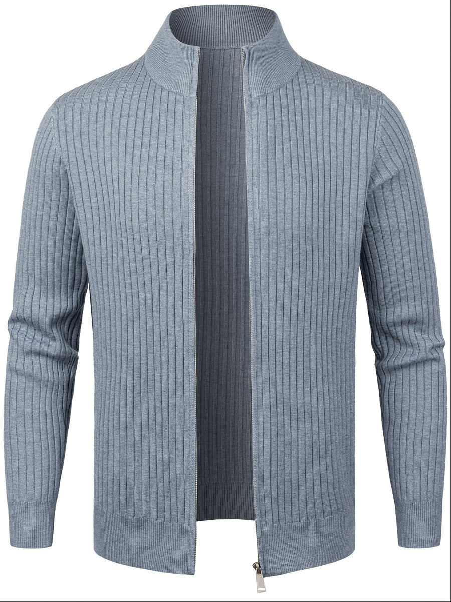 2026 Spring/Fall New Men'S Knitted Rib-Striped Zip-Up Cardigan | Stand Collar, Medium Stretch Fabric, Long Sleeve, Casual And Versatile Fit Minimalist Layering - Flecking Gray