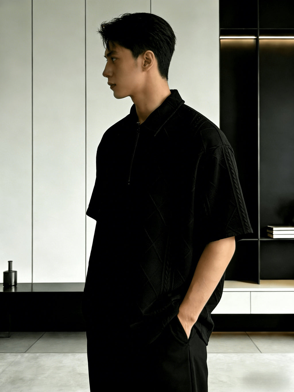 Men'S Summer New Premium Loose Short Sleeve Half-Zip Collar Polo Shirt Jacquard Short Sleeve T-Shirt - Black