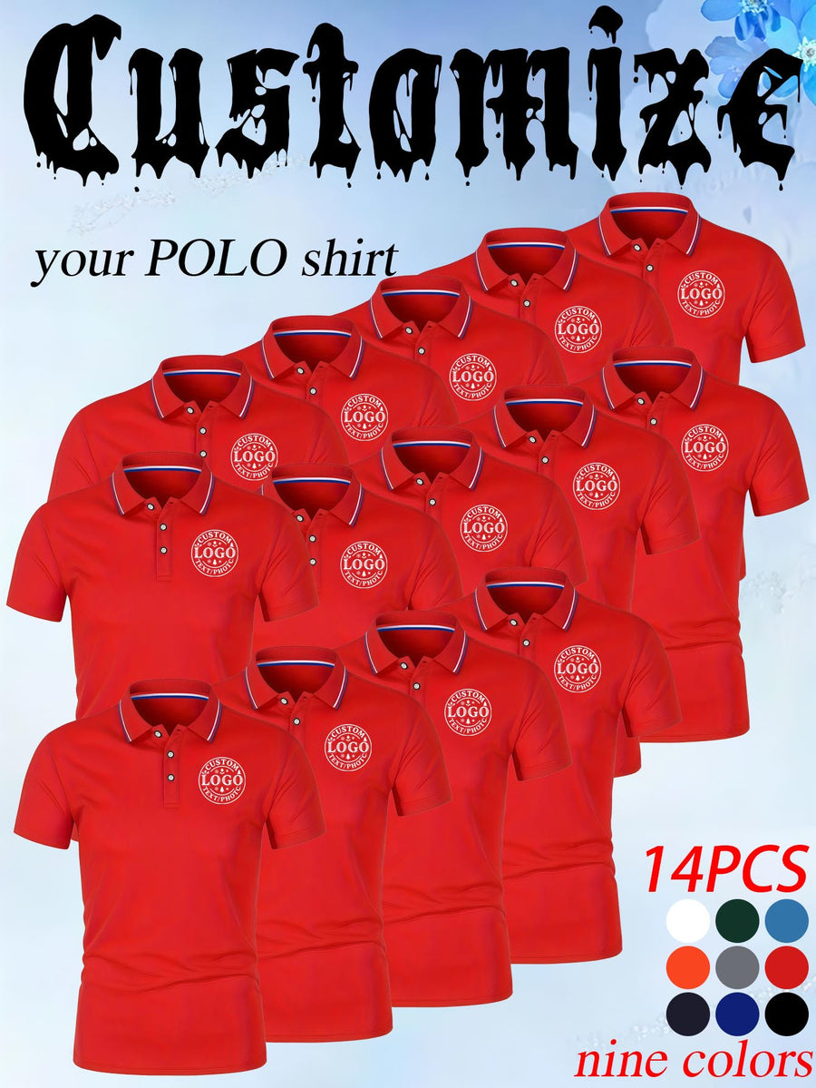 14pcs Classic Solid Color Men'S Polo Shirts, Breathable Lapel High Quality Shirts Casual Fashion Sport - Red