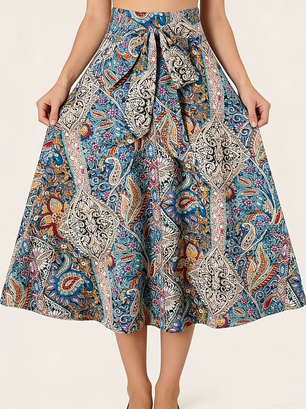 Women'S Bohemian Style Printed Casual Minimalist Side-Tie Midi Skirt - Multicolor