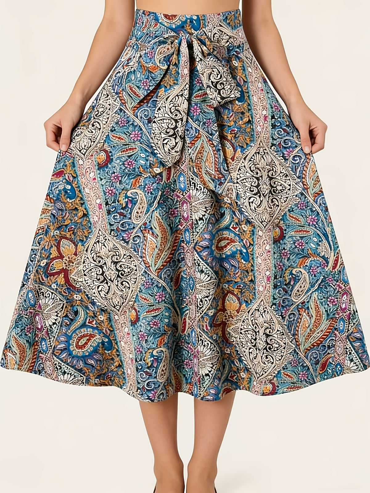 Women'S Bohemian Style Printed Casual Minimalist Side-Tie Midi Skirt - Multicolor