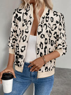 Women's New Leopard Print Ribbed Cuff Zip-Up Lightweight Casual Jacket, Fashionable and Elegant Commuter Vacation Outerwear for Daily Wear in Spring, Summer, and Autumn - Black