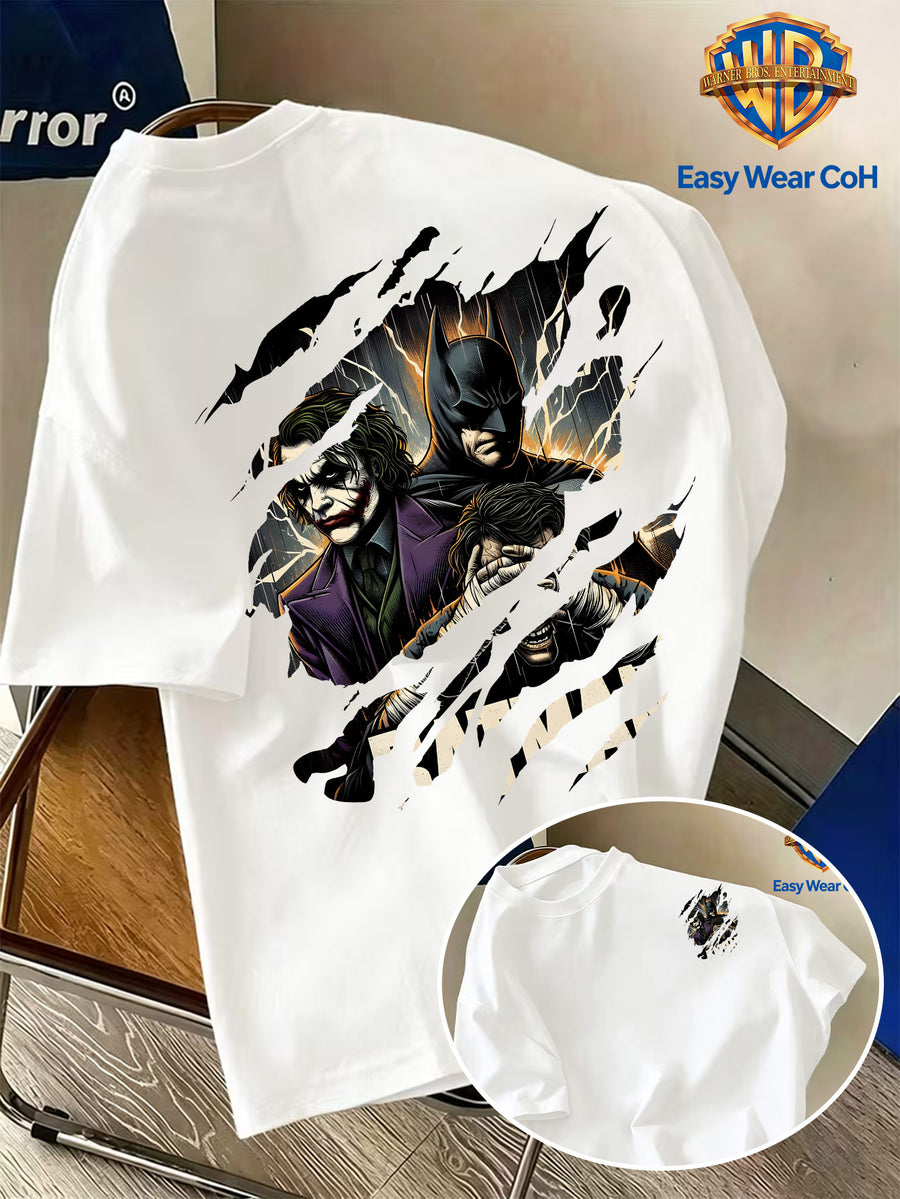Warner Bros. Official New Men's Casual Crew Neck Short Sleeve T-Shirt, Front and Back Tear Effect Print with Batman Core Joker Villain Group Creative Graphic, American Dark Comic Style Men's Top, Unique and Hard to Match, Soft, Skin-Friendly - White