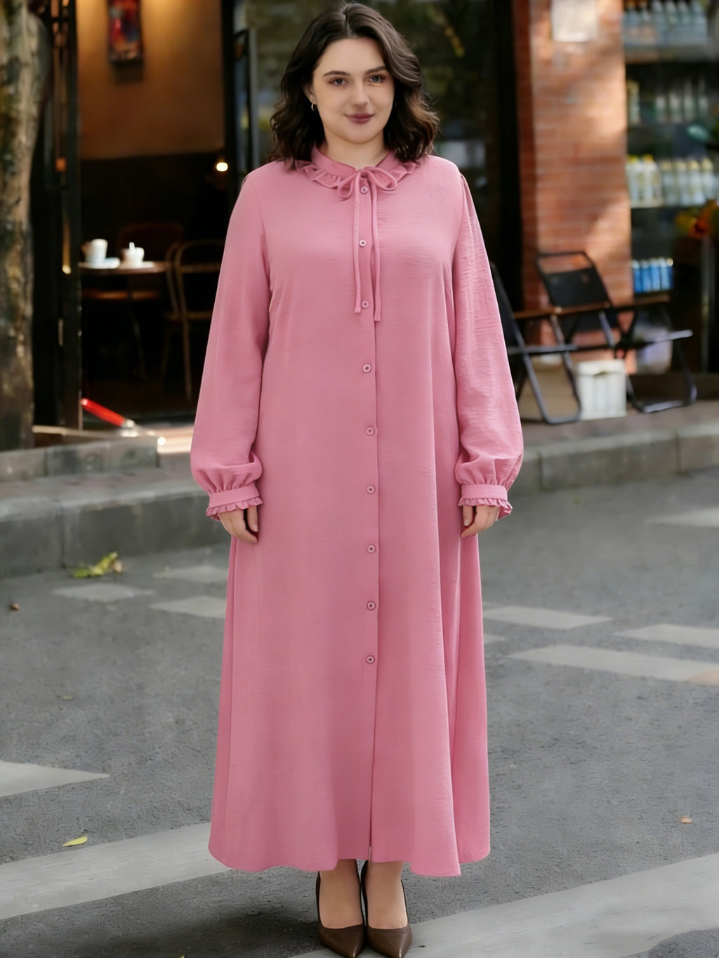 Eid Al-Fitr Abaya Dress Elegant Women'S Dress Solid Color Ruffle Round Neck Drawstring Button Long Sleeve Dress Casual Home Commute Dress - Pink Color