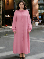 Eid Al-Fitr Abaya Dress Elegant Women'S Dress Solid Color Ruffle Round Neck Drawstring Button Long Sleeve Dress Casual Home Commute Dress - Pink Color