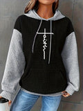 Women's Casual Oversized Hoodie with Checkered Texture & Letter Print, Kangaroo Pocket, Long Sleeve Loose Fit Sweatshirt for Fall Winter, Machine Washable, Fall Fashion, Relaxed Style, Comfortable Texture, Print Sweatshirt, Cozy Wear - Black