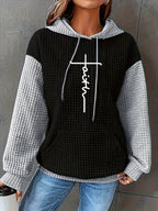 Women's Casual Oversized Hoodie with Checkered Texture & Letter Print, Kangaroo Pocket, Long Sleeve Loose Fit Sweatshirt for Fall Winter, Machine Washable, Fall Fashion, Relaxed Style, Comfortable Texture, Print Sweatshirt, Cozy Wear - Black