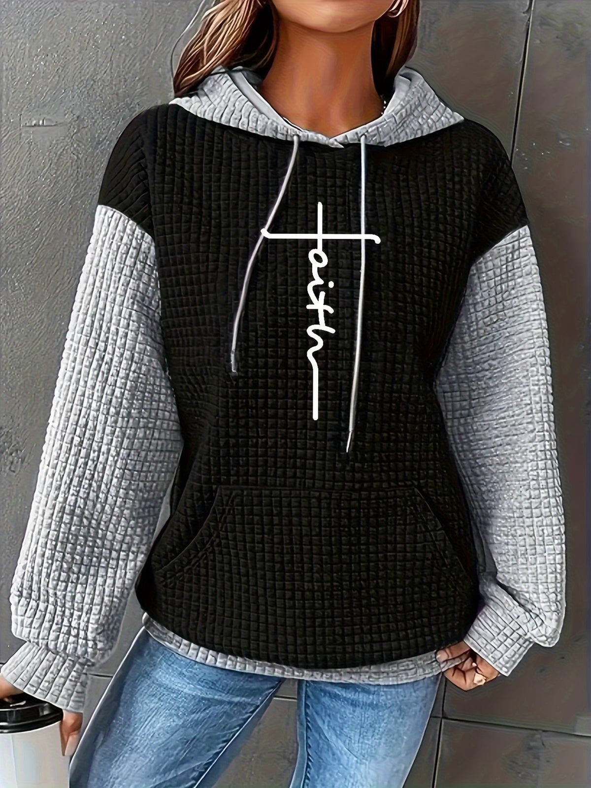 Women's Casual Oversized Hoodie with Checkered Texture & Letter Print, Kangaroo Pocket, Long Sleeve Loose Fit Sweatshirt for Fall Winter, Machine Washable, Fall Fashion, Relaxed Style, Comfortable Texture, Print Sweatshirt, Cozy Wear - Black